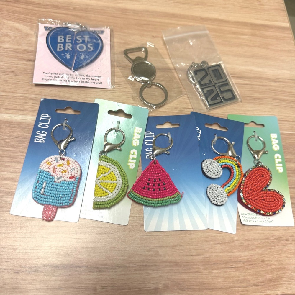 8pc Keychain Bag Clip Bundle Kalan Beaded Fruit Rainbow Bottle Opener